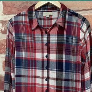 Anthropologie Olive & Oak Top Shirt Women's Medium Red Blue Plaid Casual Blouse